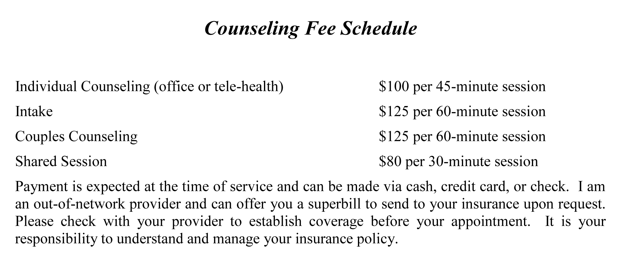 Fee Schedule Perspective Counseling Services