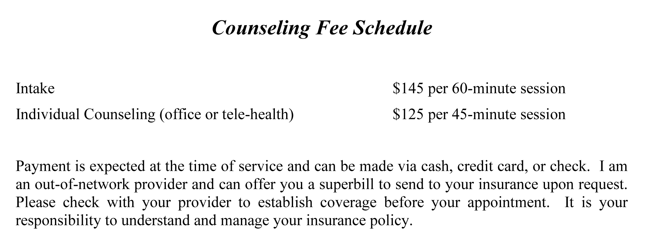 PCS Counseling Fee Schedule