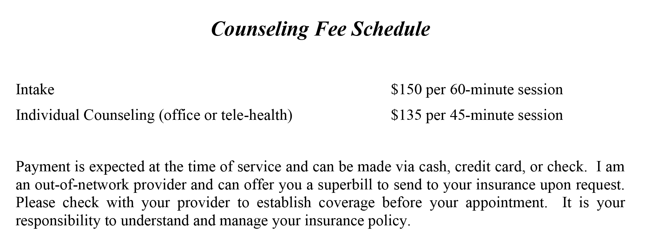 PCS Counseling Fee Schedule